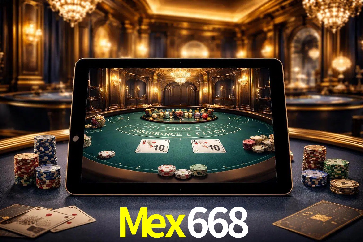 Configuración moderna de casino en vivo con una tableta mostrando una mesa de blackjack, luces cálidas de estudio y una atmósfera elegante de juegos digitales.