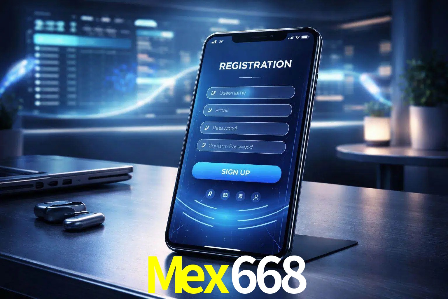 Una interfaz moderna de registro móvil para Mex668 mostrada en un smartphone con un panel de apuestas elegante.